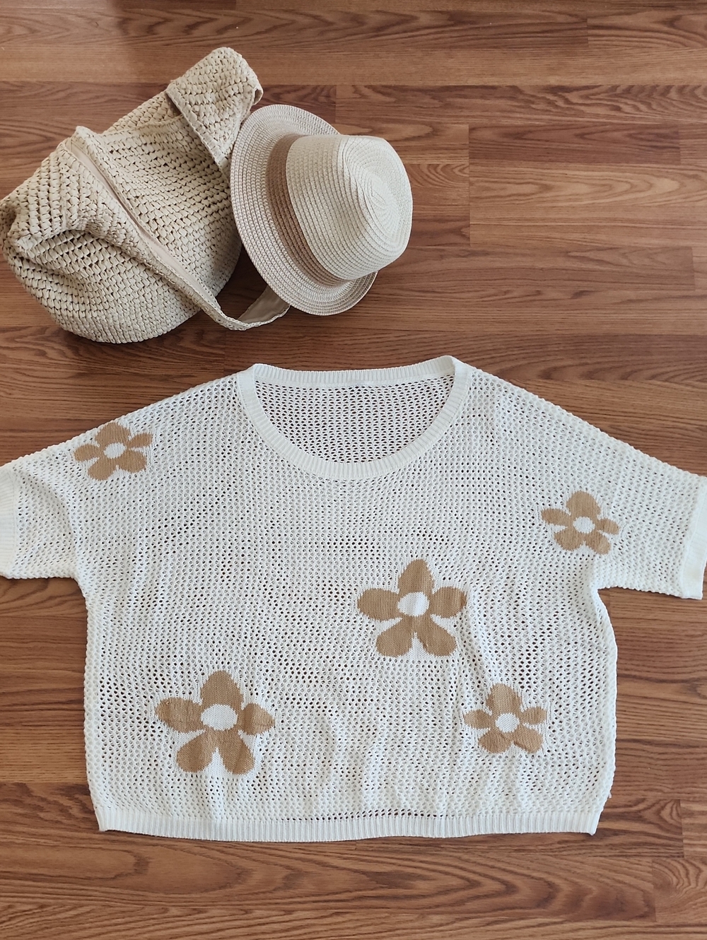 Cream Floral Open-Weave Short-Sleeve Sweater